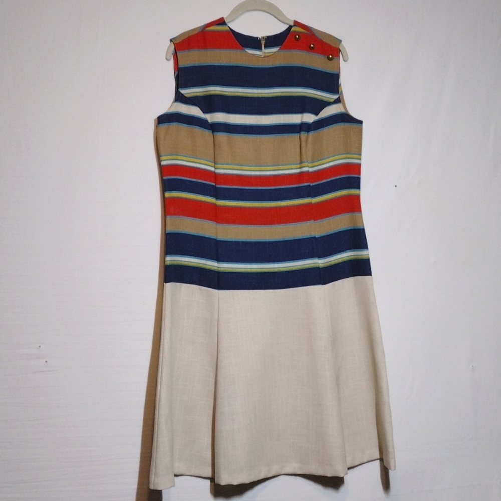Vintage Sears Perma Prest Sleeveless Striped Multicolored Drop Waist Dress Sz 14